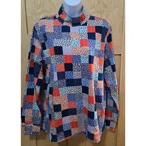 Lands End Womens Patchwork Turtleneck Long Sleeve Top Size L Cotton Blend Colorf